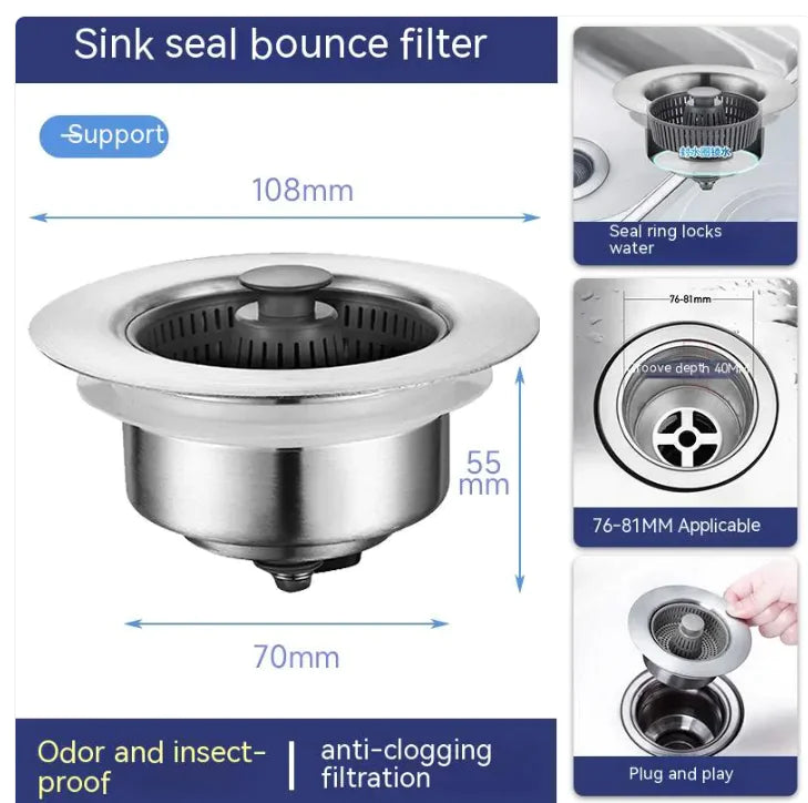 Stainless Steel Sink Drain Cap with Filter Net